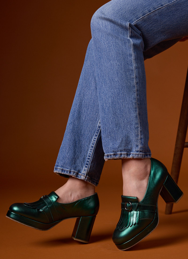 Toulouse Metallic Leather Platform Loafers - Green - Model Side On