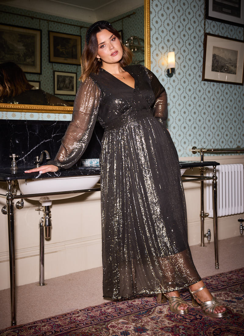 Gaia Gold Lurex V-Neck Midaxi Dress Gaia Gold Lurex V-Neck Midaxi Dress