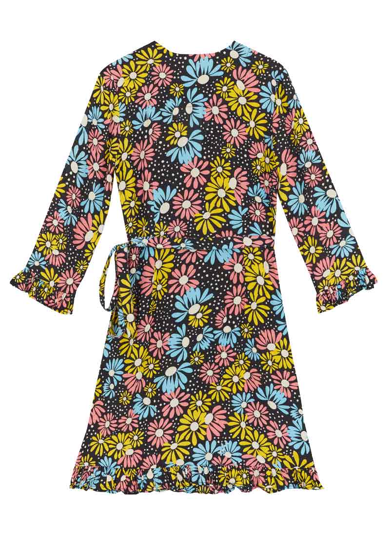 Geneva Polka Dot Daisy Print Mini Wrap Dress | Vintage-Inspired Black  Printed Mini | Joanie