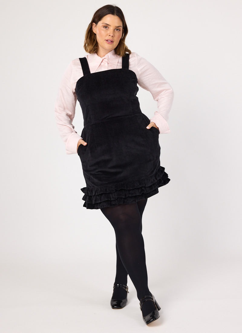Gertie Square Neck Velvet Ruffle Pinafore Dress Gertie Square Neck Velvet Ruffle Pinafore Dress