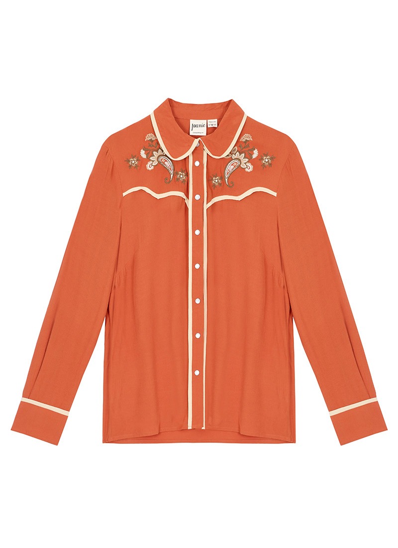 Glenn Paisley Embroidered Western Shirt - Orange - Model Front - Sarah Scallop Hem A-Line Corduroy Mini Skirt - Brown
