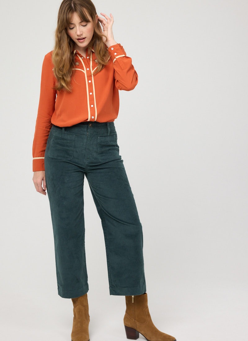 Pippa High Waist Wide Leg Corduroy Trousers - Green  - Model Front