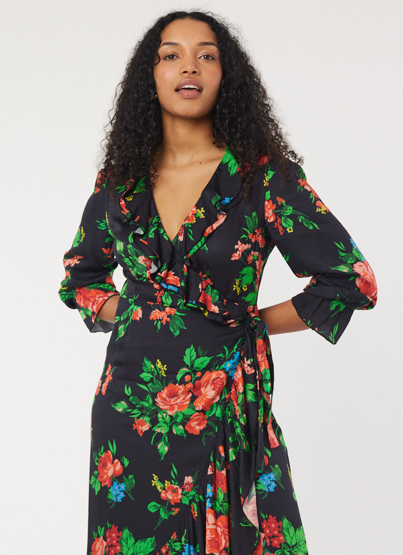 Glorie Black Floral Print Wrap Dress Glorie Black Floral Print Wrap Dress