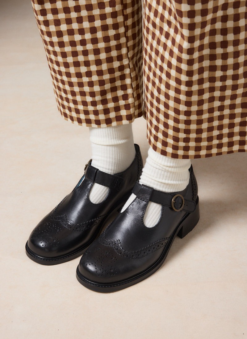 Grenoble Leather T-Bar Brogues - Black