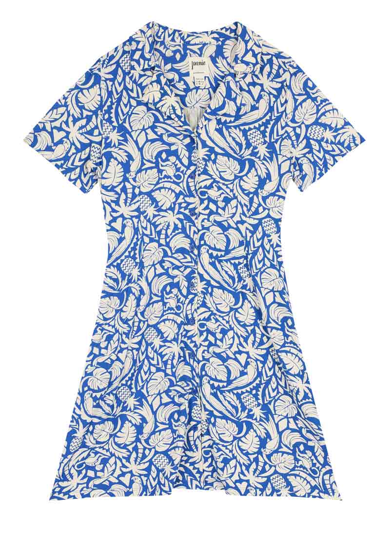jersey tea dress Greta Tropical Palm Print | Vintage-Inspired Yellow Shirt Dress Color_Yellow
