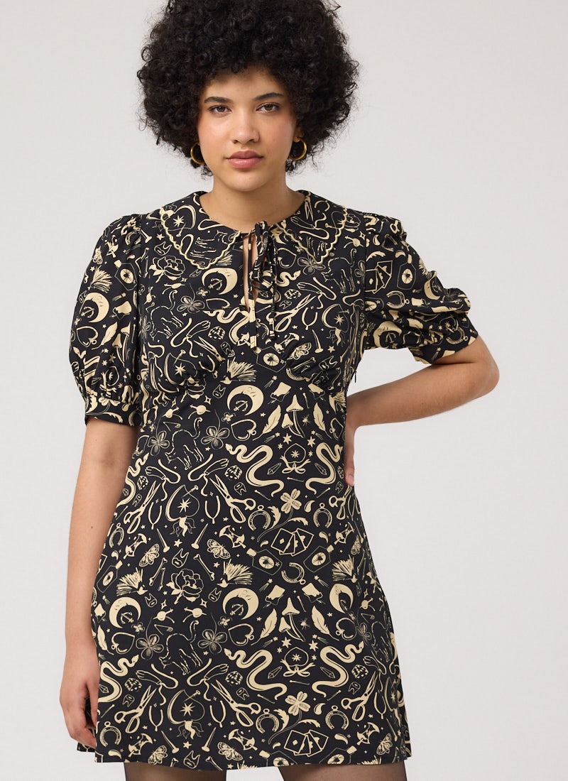Hattie Tie Neck Whimsical Macabre Print Dress | Vintage-Inspired Mini Dress  | Joanie