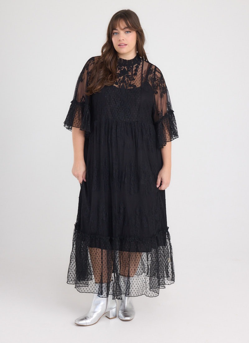 Havisham High Neck Lace Midi Dress | Vintage-Inspired Black Sheer Mesh Dress  | Joanie