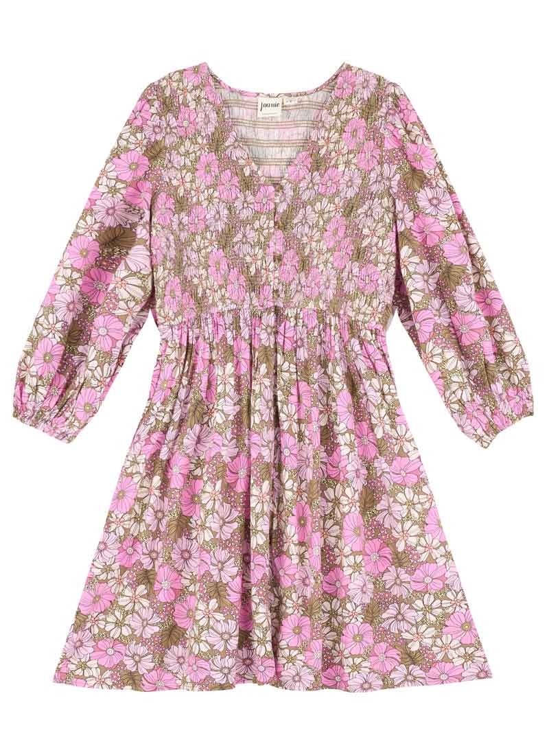 Henderson Pink Floral Print Smock Dress - Model Front Hands In Pockets