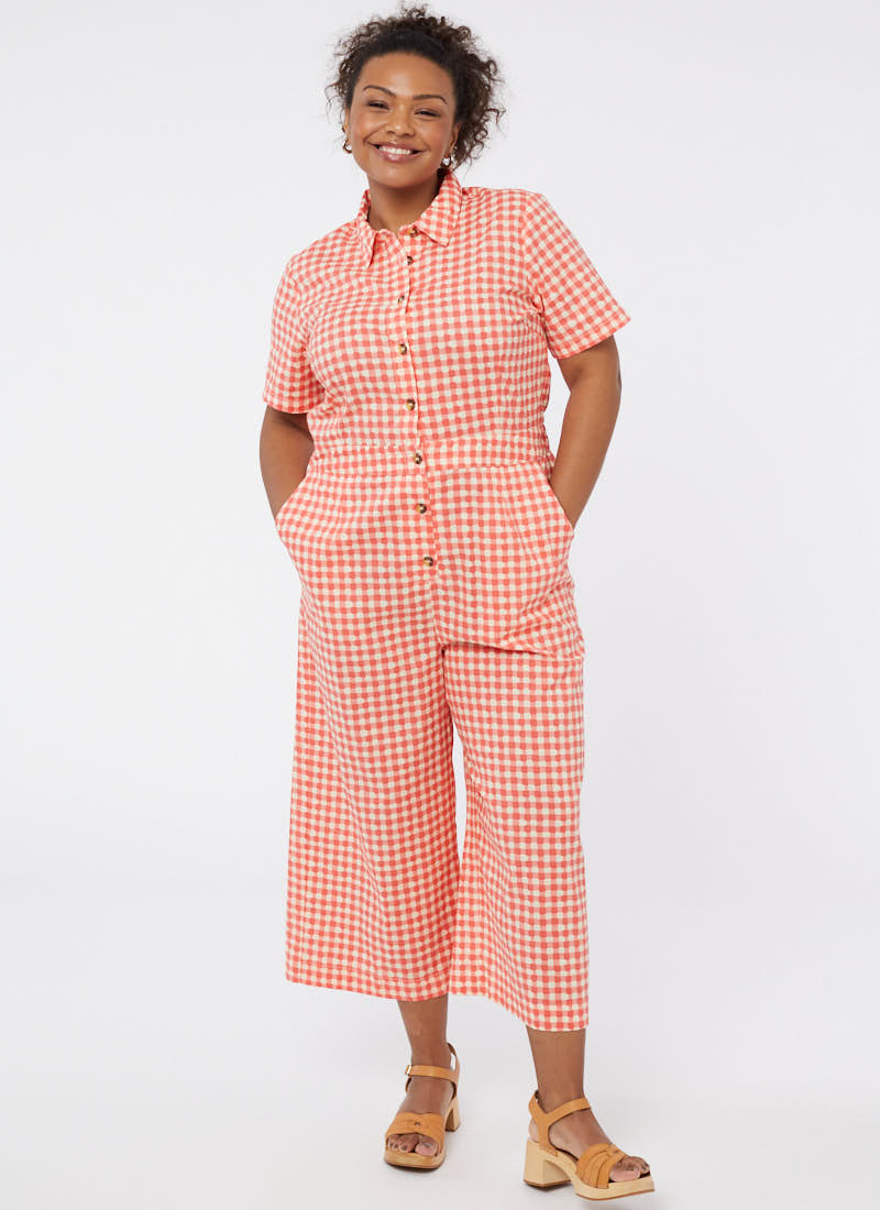 Imala Gingham Short Sleeve Boilersuit | Vintage-Inspired Coral