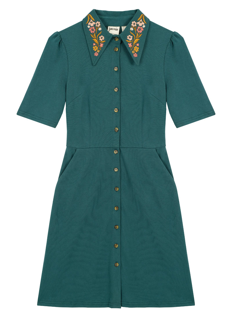 Jada Embroidered Collar Jersey Shirt Dress | Vintage-Inspired Teal