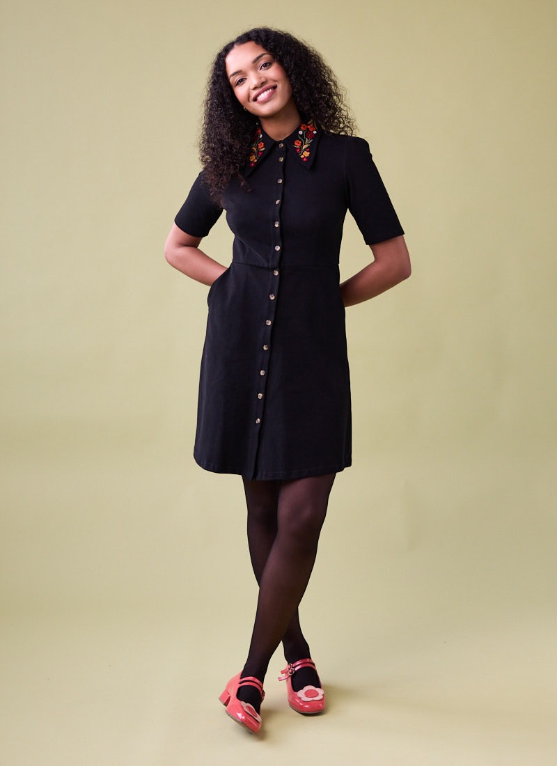 Jada Embroidered Collar Jersey Shirt Dress Vintage-Inspired