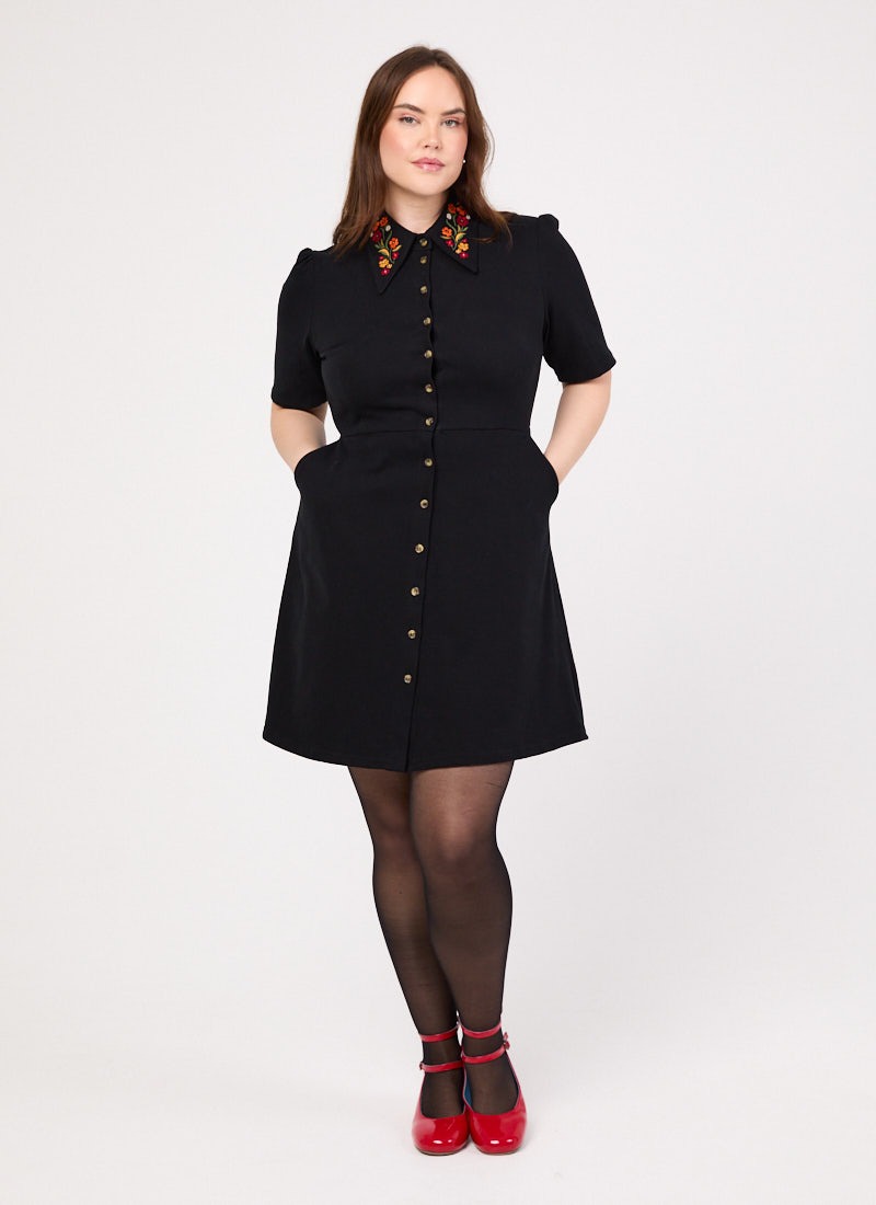 ワンピース Cotton Jersey Embroidered Collar Dress Jada Embroidered Collar Jersey Shirt Dress | Vintage-Inspired Teal