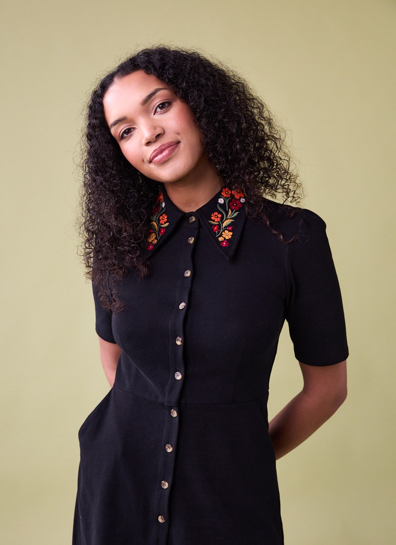 Jada Embroidered Collar Jersey Shirt Dress | Vintage-Inspired