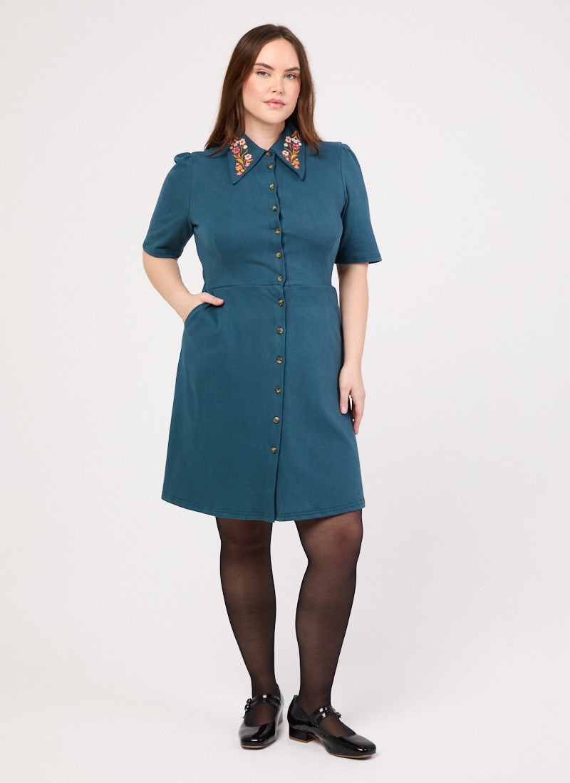 Jada Embroidered Collar Jersey Shirt Dress | Vintage-Inspired Teal