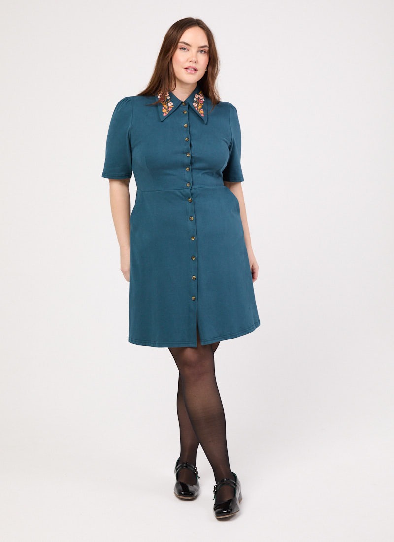 Jada Embroidered Collar Jersey Shirt Dress - Teal Jada Embroidered Collar Jersey Shirt Dress - Teal