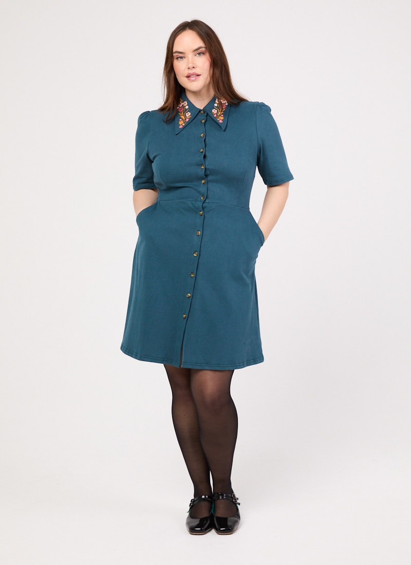 Jada Embroidered Collar Jersey Shirt Dress | Vintage-Inspired Teal