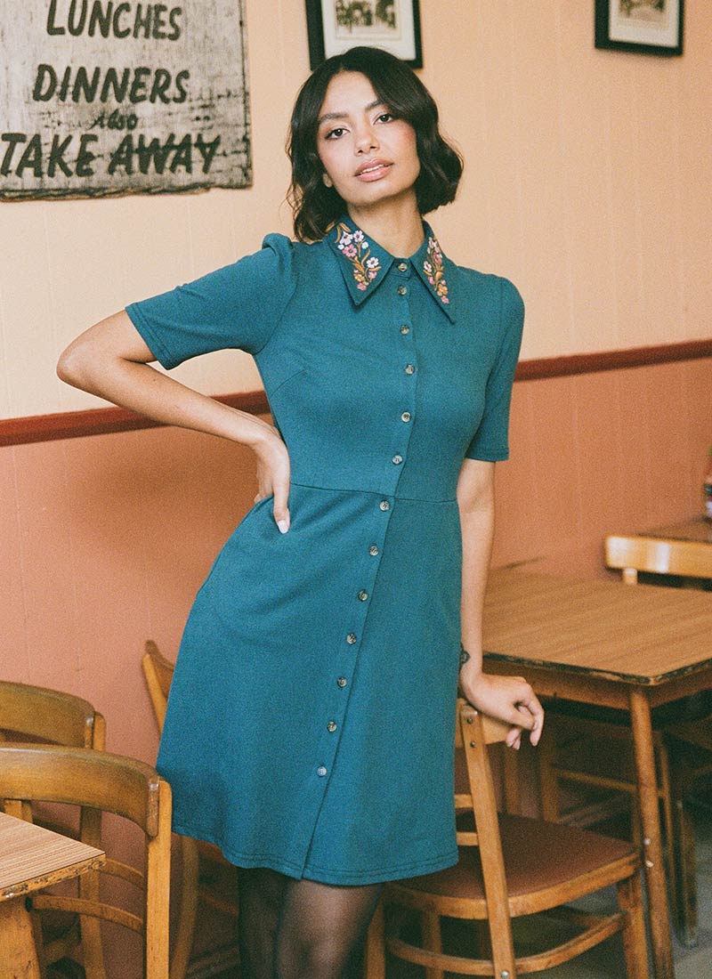 Jada Embroidered Collar Jersey Shirt Dress | Vintage-Inspired Teal Cotton Mini Dress | Joanie Jada Embroidered Collar Jersey Shirt Dress | Vintage-Inspired Teal Cotton Mini Dress | Joanie