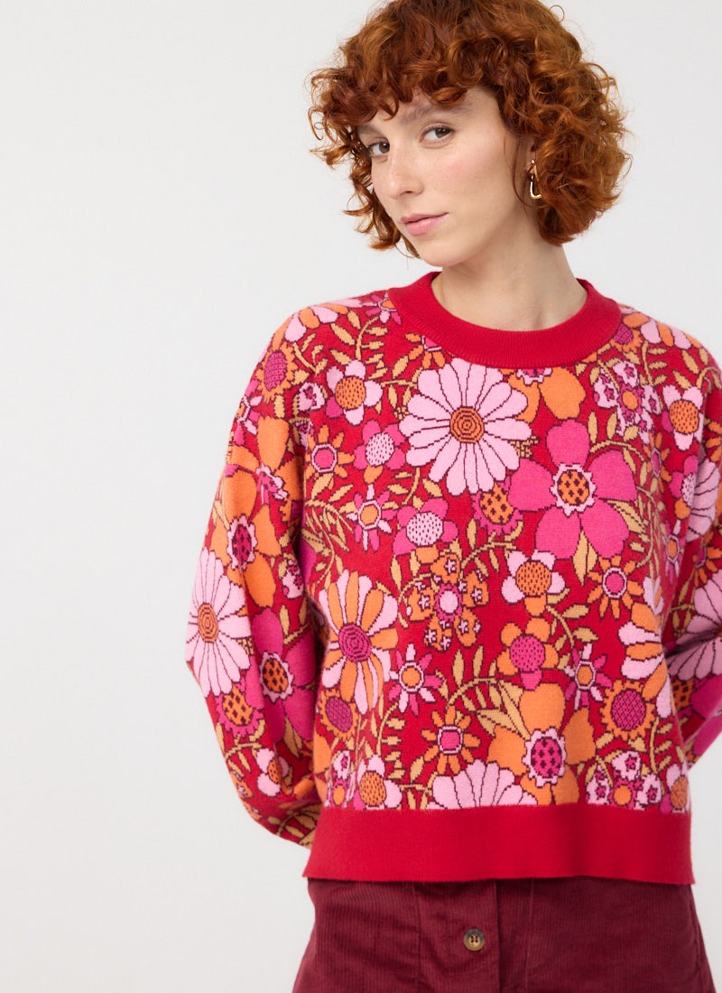 Javan Red Deckchair Floral Intarsia Knitted Jumper - Model Front