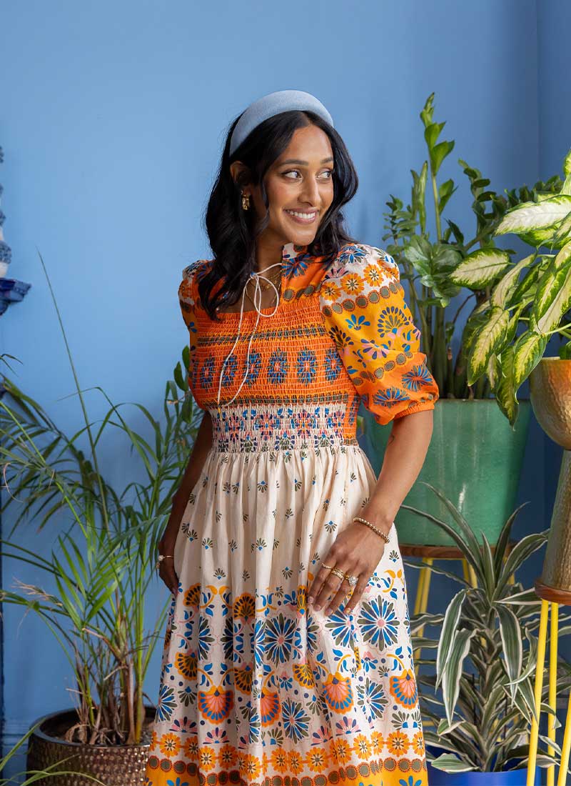 Zeena X Joanie - Jesse Orange Geometric Print Tie Neck Midi Dress