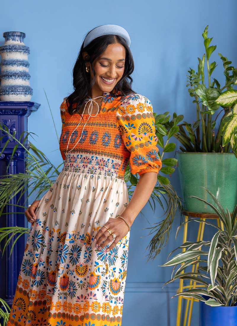 Zeena X Joanie - Jesse Orange Geometric Print Tie Neck Midi Dress