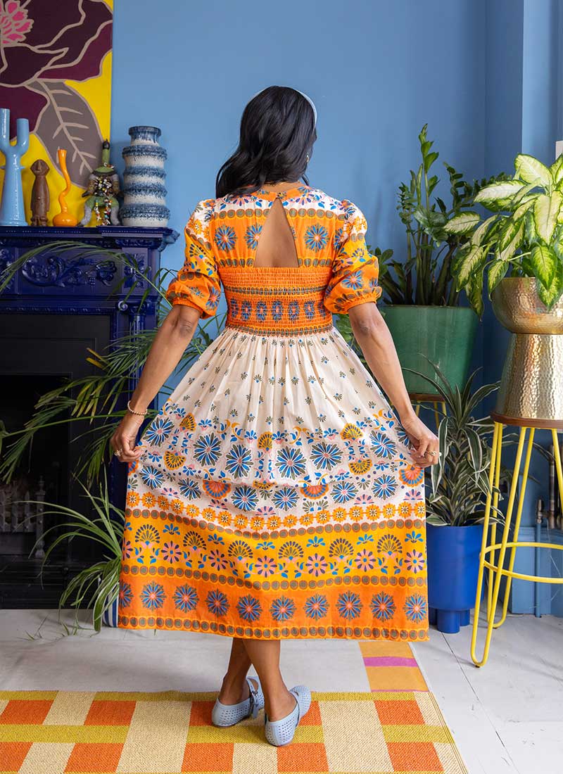 Zeena X Joanie - Jesse Orange Geometric Print Tie Neck Midi Dress