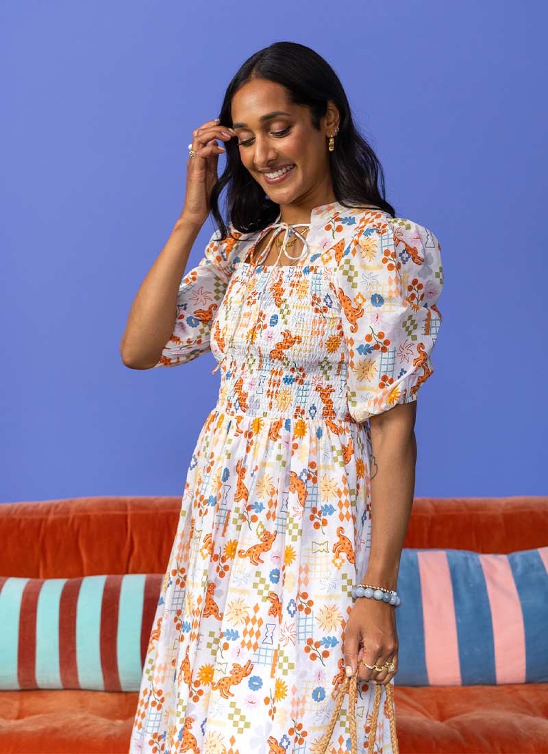 Zeena X Joanie - Jesse Abstract Pomodoro Print Tie Neck Midi Dress