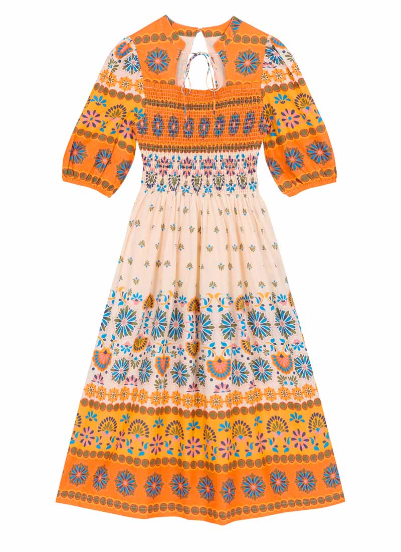 Zeena X Joanie - Jesse Orange Geometric Print Tie Neck Midi Dress