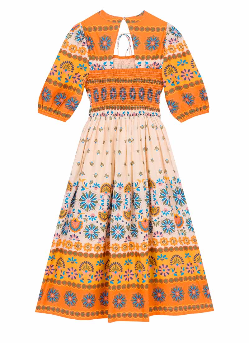 Zeena X Joanie - Jesse Orange Geometric Print Tie Neck Midi Dress