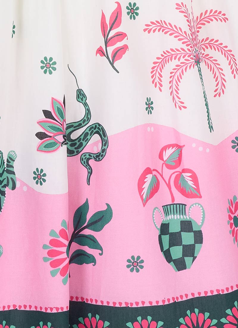 Jesse Palm Tree Print Tie Neck Midi Dress