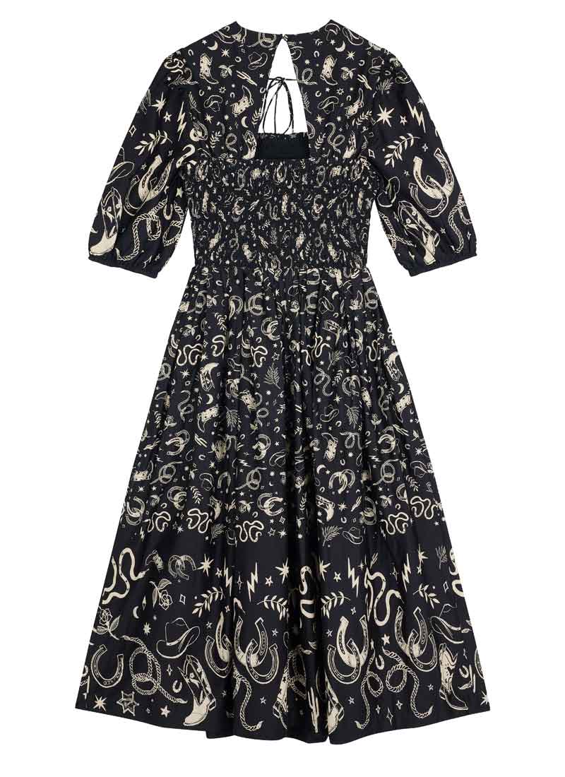 Jesse Western Print Tie Neck Midi Dress | Vintage-Inspired Black Dress |  Joanie
