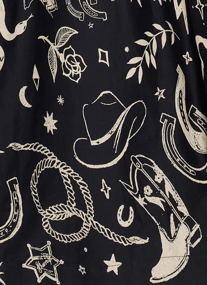 Jesse Western Print Tie Neck Midi Dress - Black