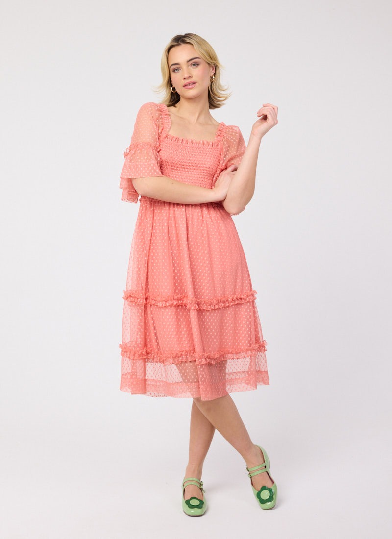 Jini Square Neck Polka Dot Mesh Dress | Vintage-Inspired Sheer Pink Dress |  Joanie
