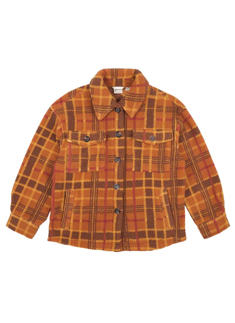 Jackie Tartan Fleece Shacket Vintage-Inspired Rust Check Trucker