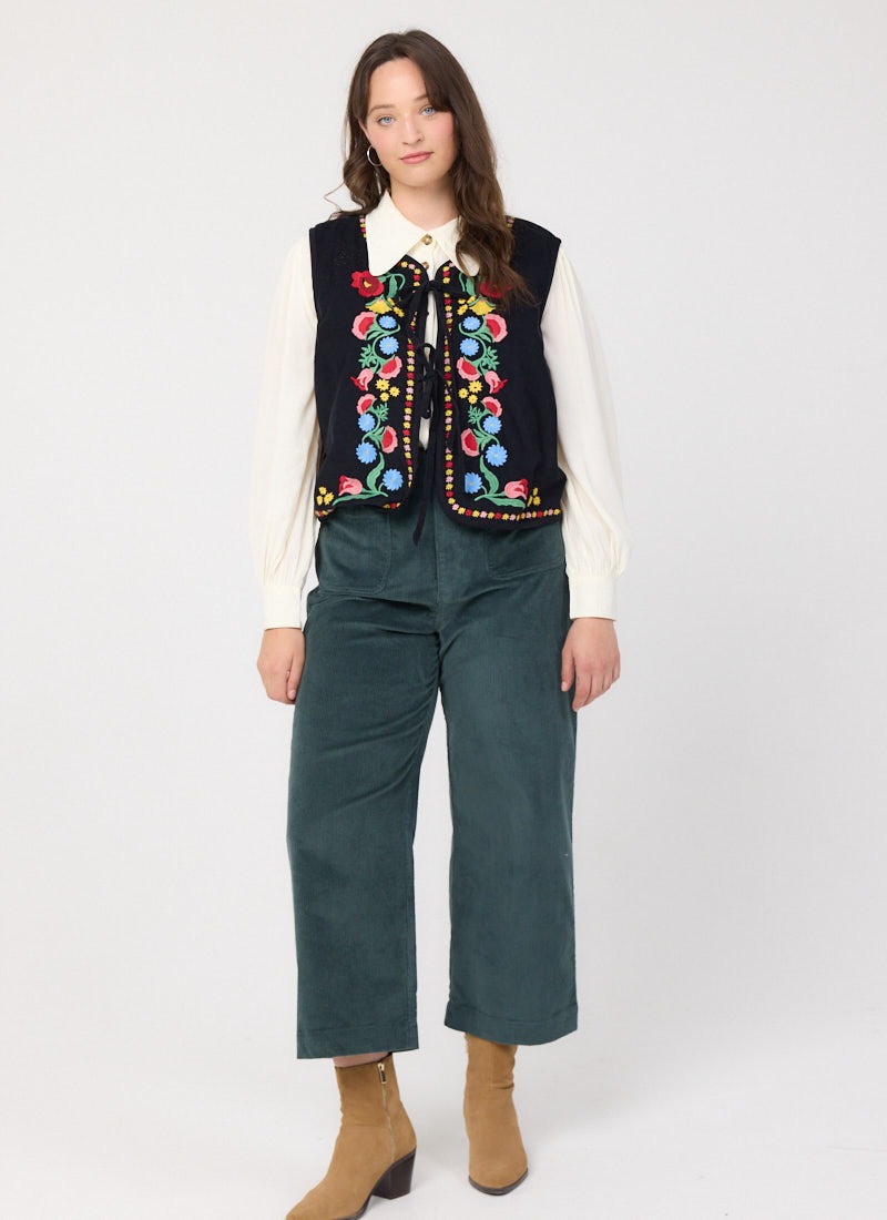 Pippa High Waist Wide Leg Corduroy Trousers - Green 