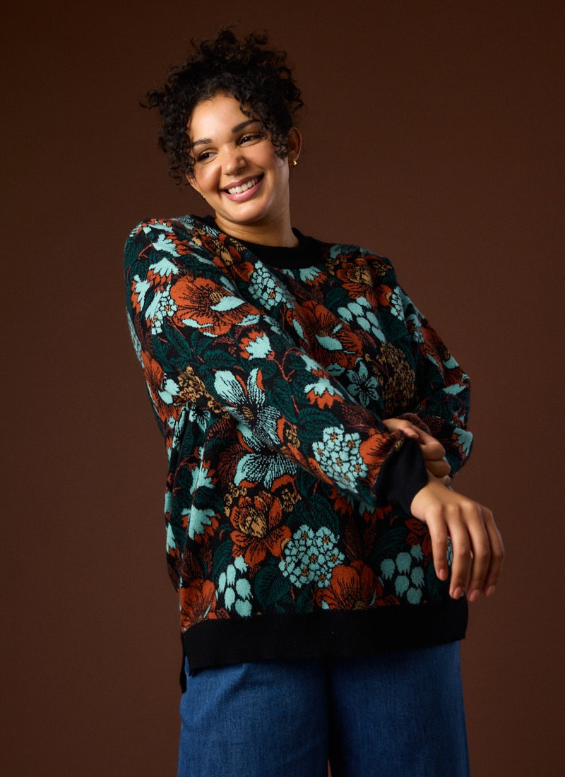 Jude Retro Floral Oversized Jacquard Knit | Vintage-Inspired