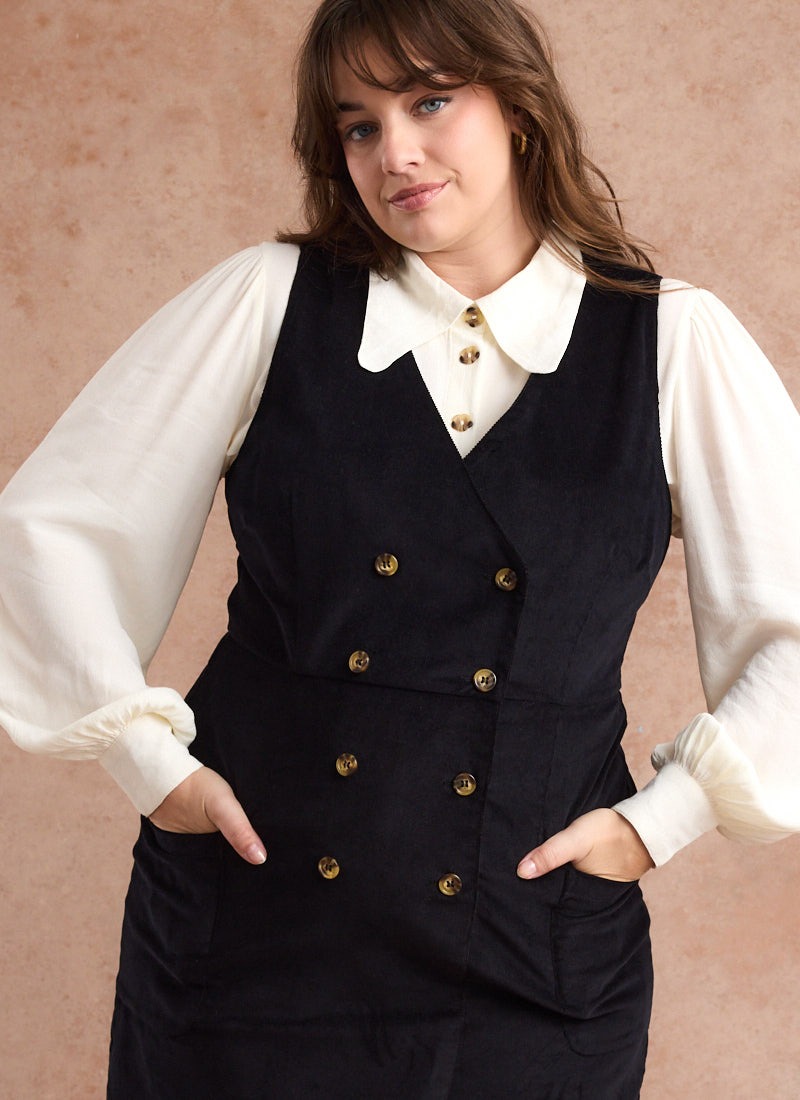 Kendal A-Line Buttoned Corduroy Pinafore Dress | Vintage-Inspired Black Mini Dress | Joanie Kendal A-Line Buttoned Corduroy Pinafore Dress | Vintage-Inspired Black Mini Dress | Joanie