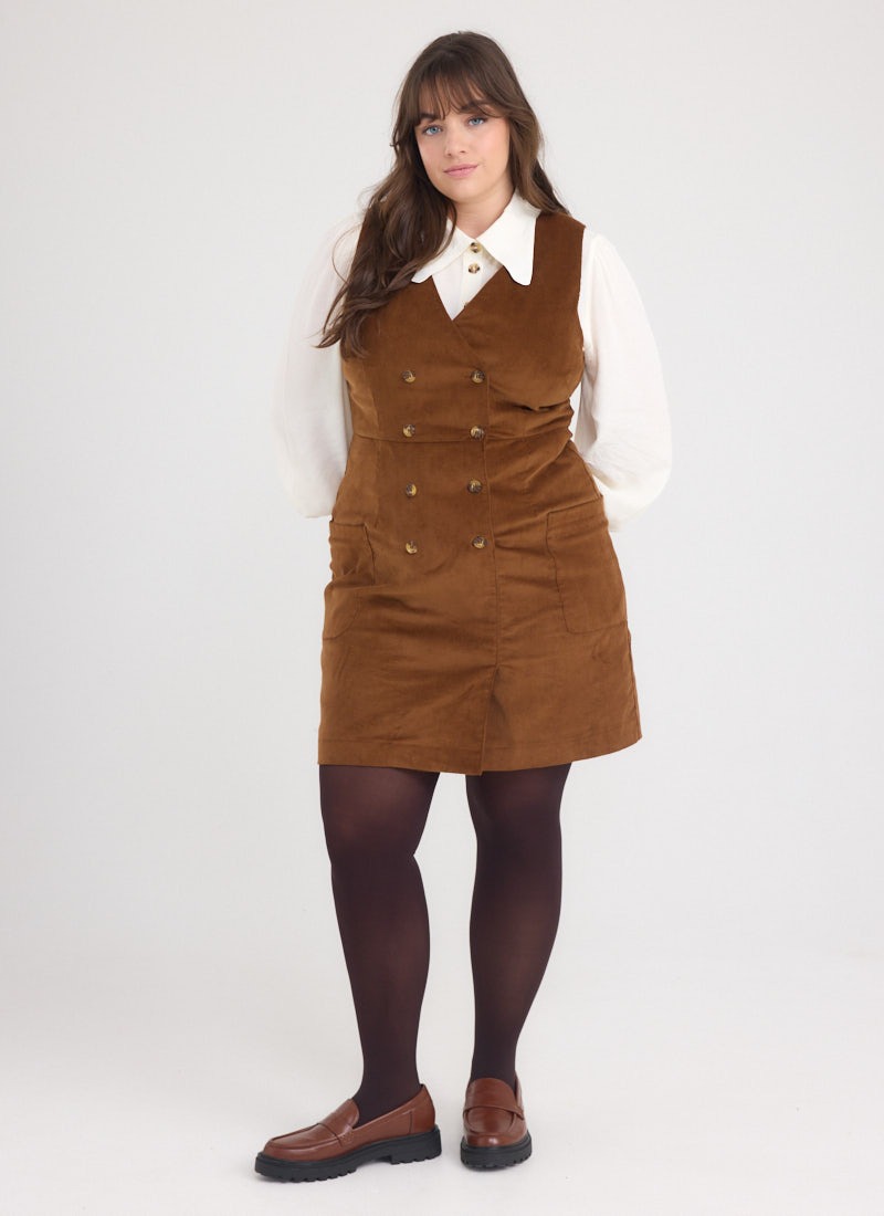 Kendal A-Line Buttoned Pinafore Dress | Vintage-Inspired Brown V-Neck Pinafore | Joanie Kendal A-Line Buttoned Pinafore Dress | Vintage-Inspired Brown V-Neck Pinafore | Joanie