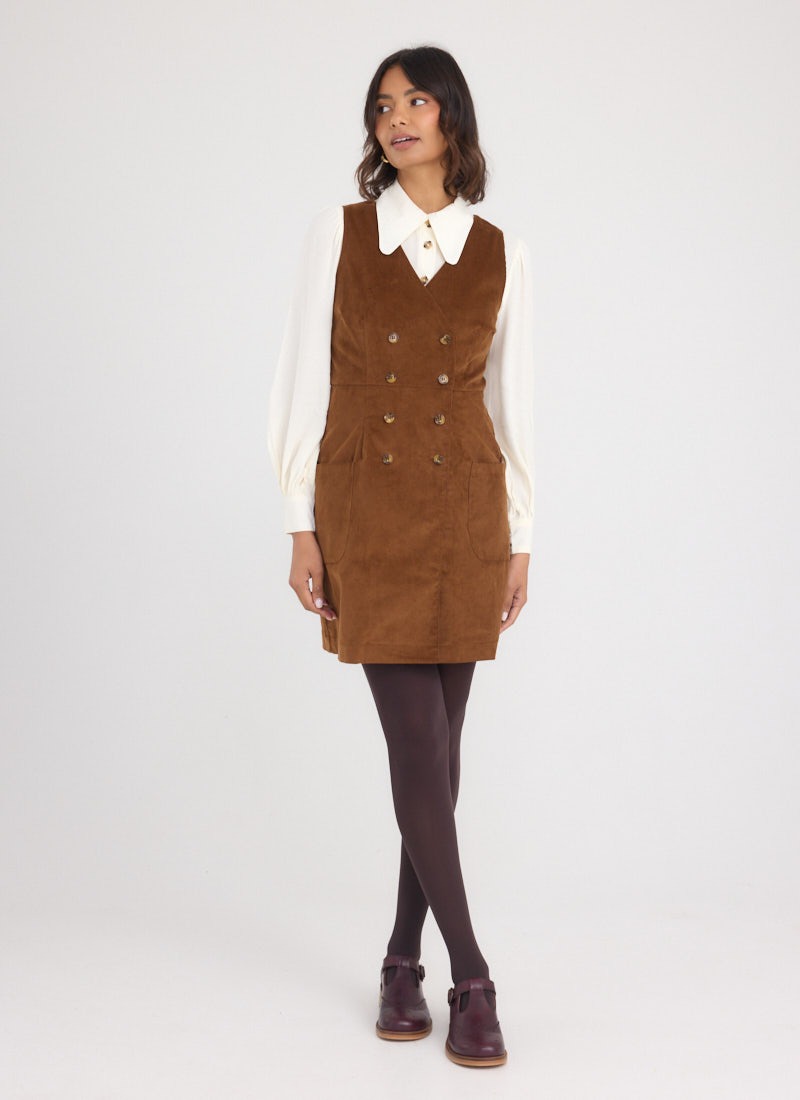 Kendal A-Line Buttoned Pinafore Dress | Vintage-Inspired Brown V-Neck Pinafore | Joanie Kendal A-Line Buttoned Pinafore Dress | Vintage-Inspired Brown V-Neck Pinafore | Joanie