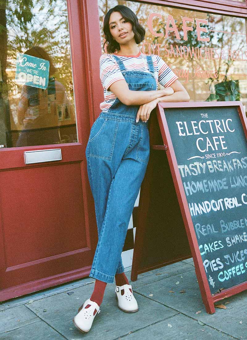 Leanne Mid Wash Denim Dungarees - Model Front Size 10