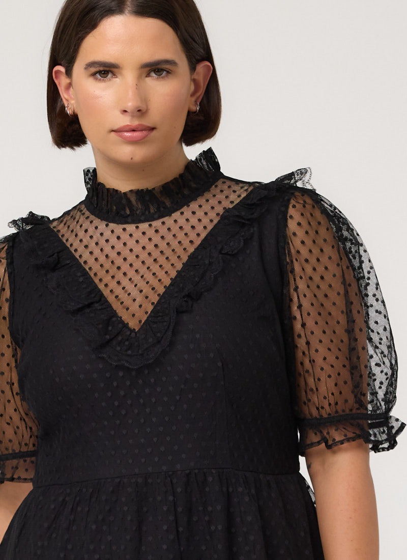 Lilian Polka Dot Mesh Mini Dress Vintage-Inspired Black Sheer