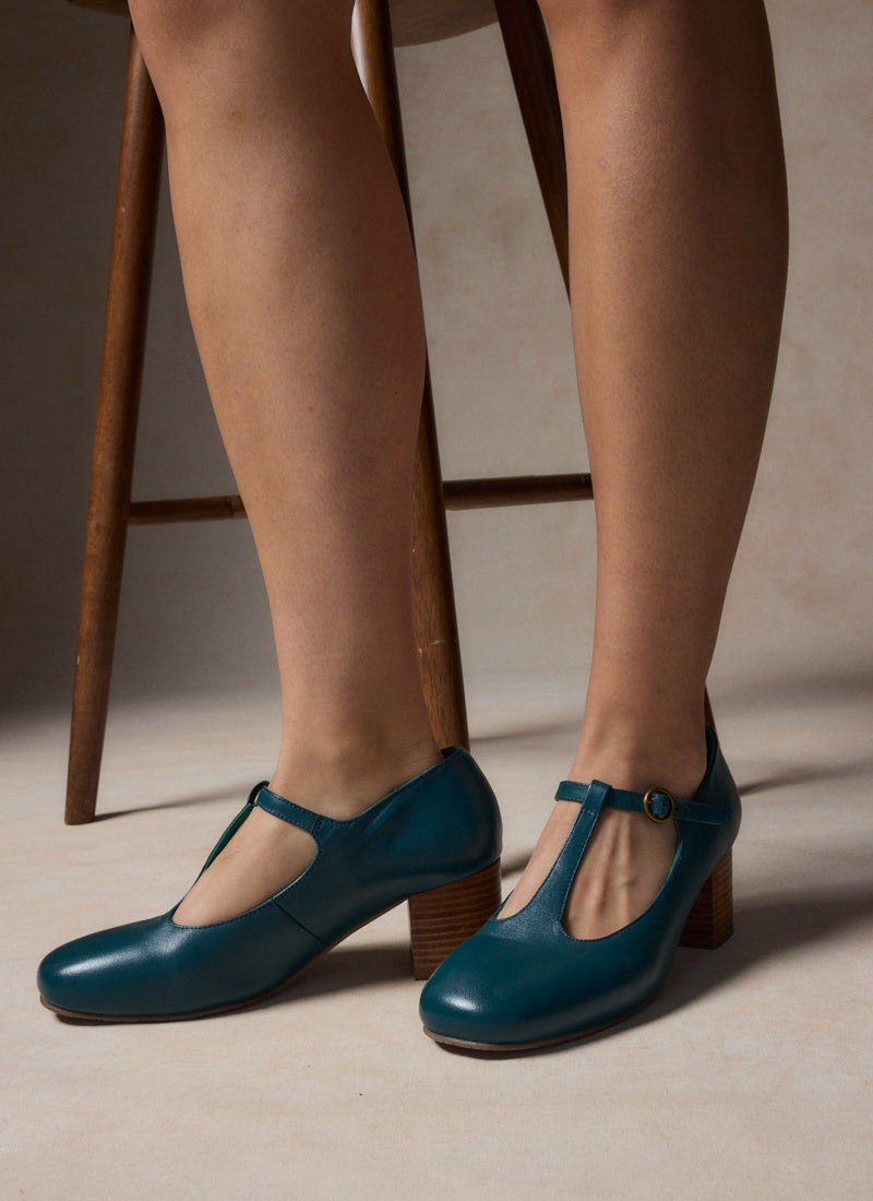 Lille Leather T-Bar Dolly Shoes | Vintage-Inspired Teal Square Toe