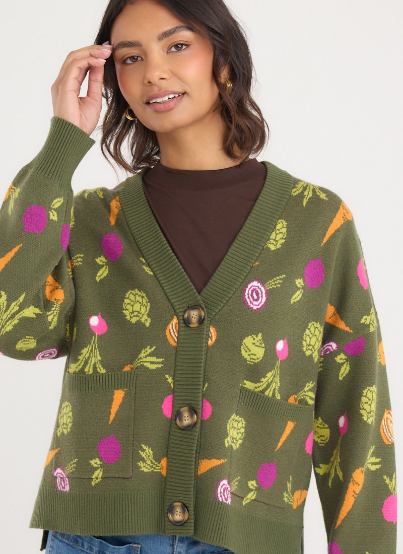 Lovelace Vegetable Print Oversized Cardigan Vintage-Inspired