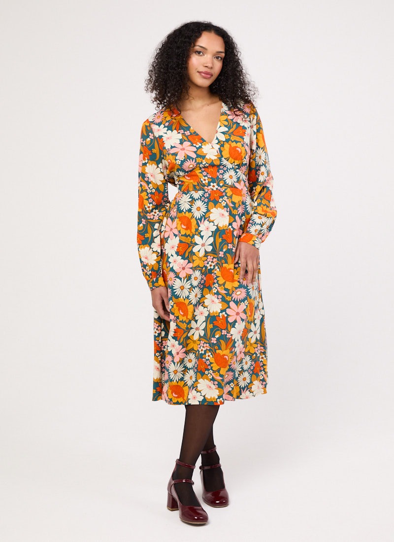 Lucid Retro Floral Print Midi Dress | Vintage-Inspired Long Sleeve Dress | Joanie Lucid Retro Floral Print Midi Dress | Vintage-Inspired Long Sleeve Dress | Joanie