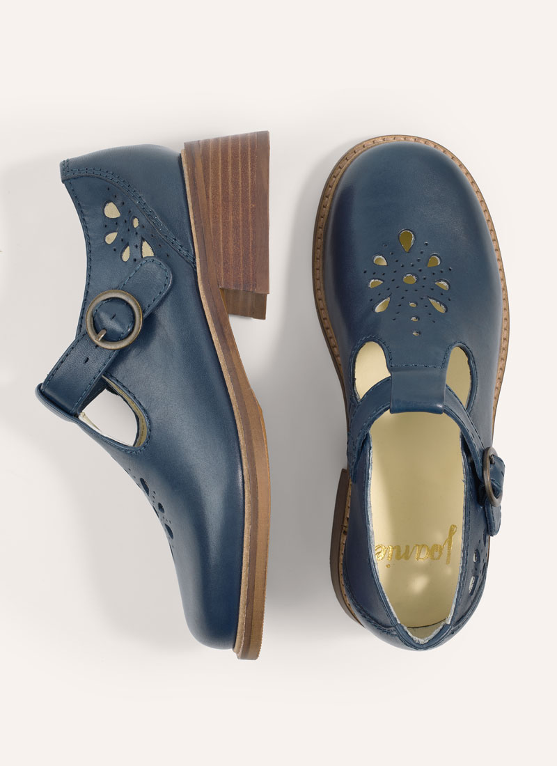 Lyon Leather T-Bar Shoes Vintage-Inspired Chunky Blue Shoes Joanie