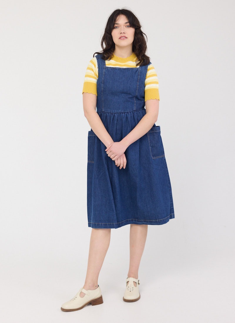 Mabel Denim Square Neck Pinafore Dress | Vintage-Inspired Mid-Wash