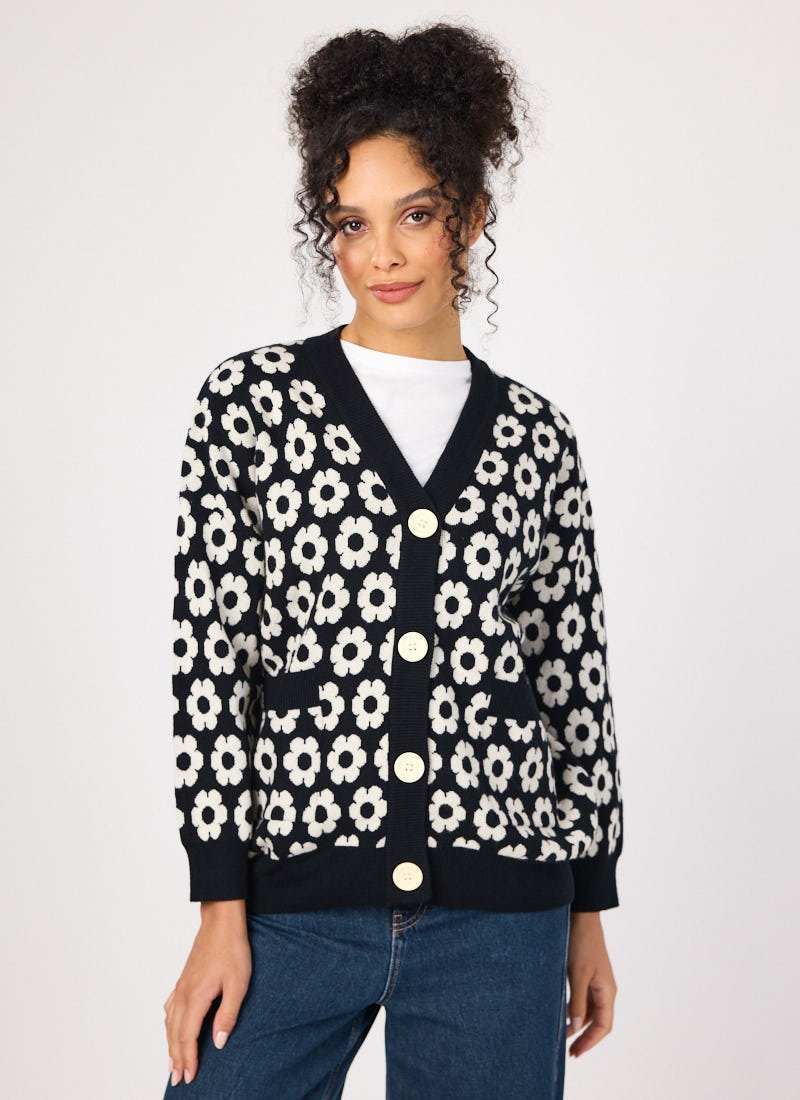 Maeve Monochrome Daisy Print Cardigan - Model Front
