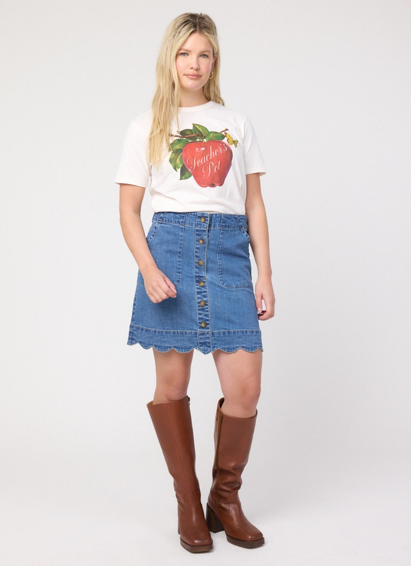 Sarah Scallop Hem A-Line Denim Mini Skirt - Model Front