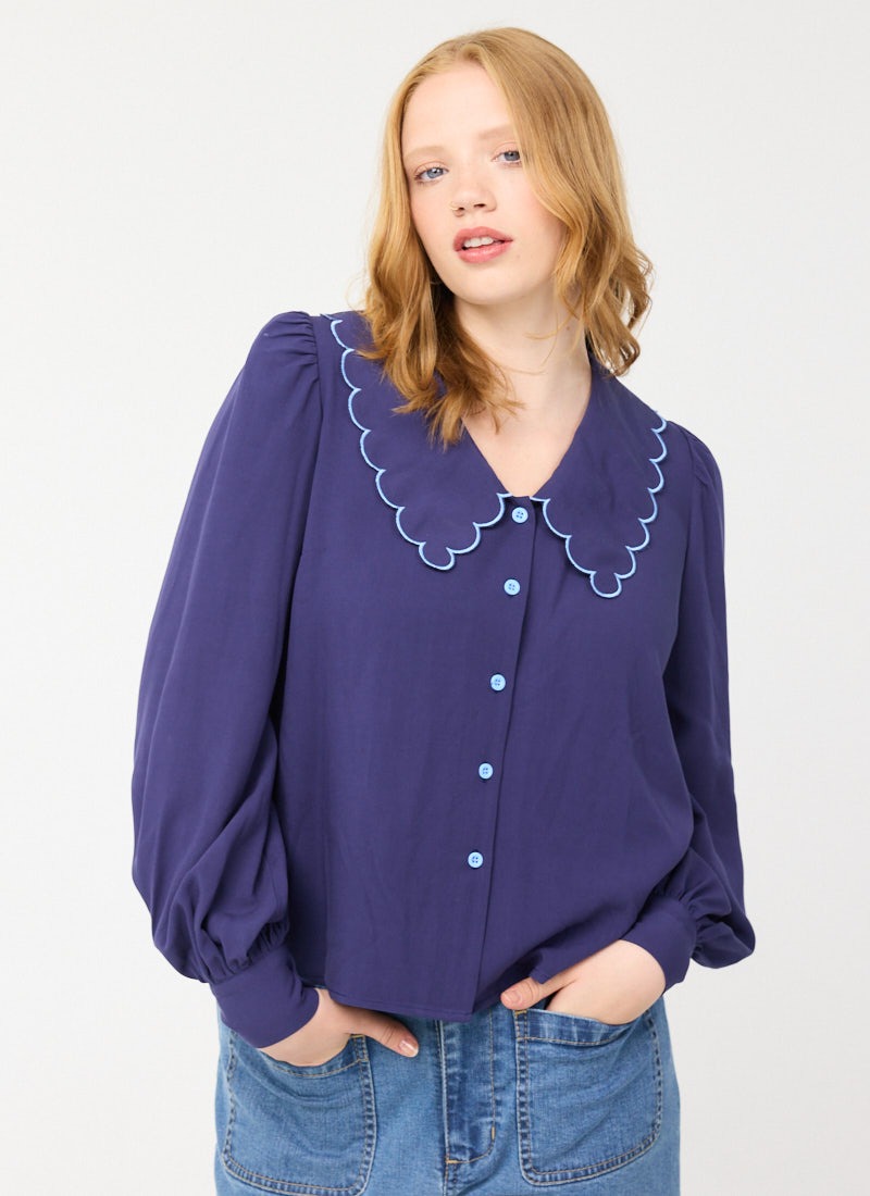 トップス mare Scallop Collar Blouse Marsha Scallop Collar Blouse | Vintage-Inspired Blue V-Neck Blouse