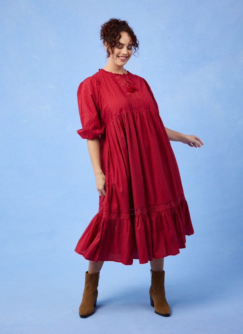knee length dresses for ladies Red Square Neck Pocket Slip Midi Dress main image 0