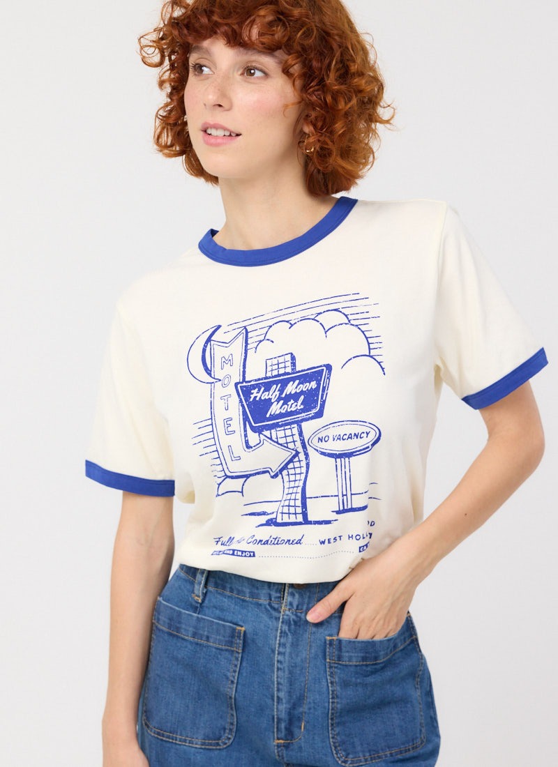 Mollie Half Moon Motel Graphic Ringer Tee - Model Front